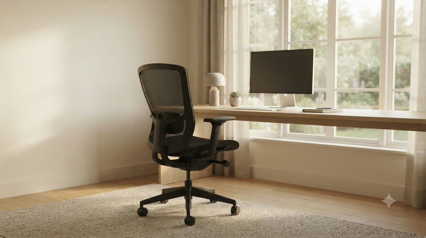 Mesh-back ergonomic office chair beside a window in soft daylight