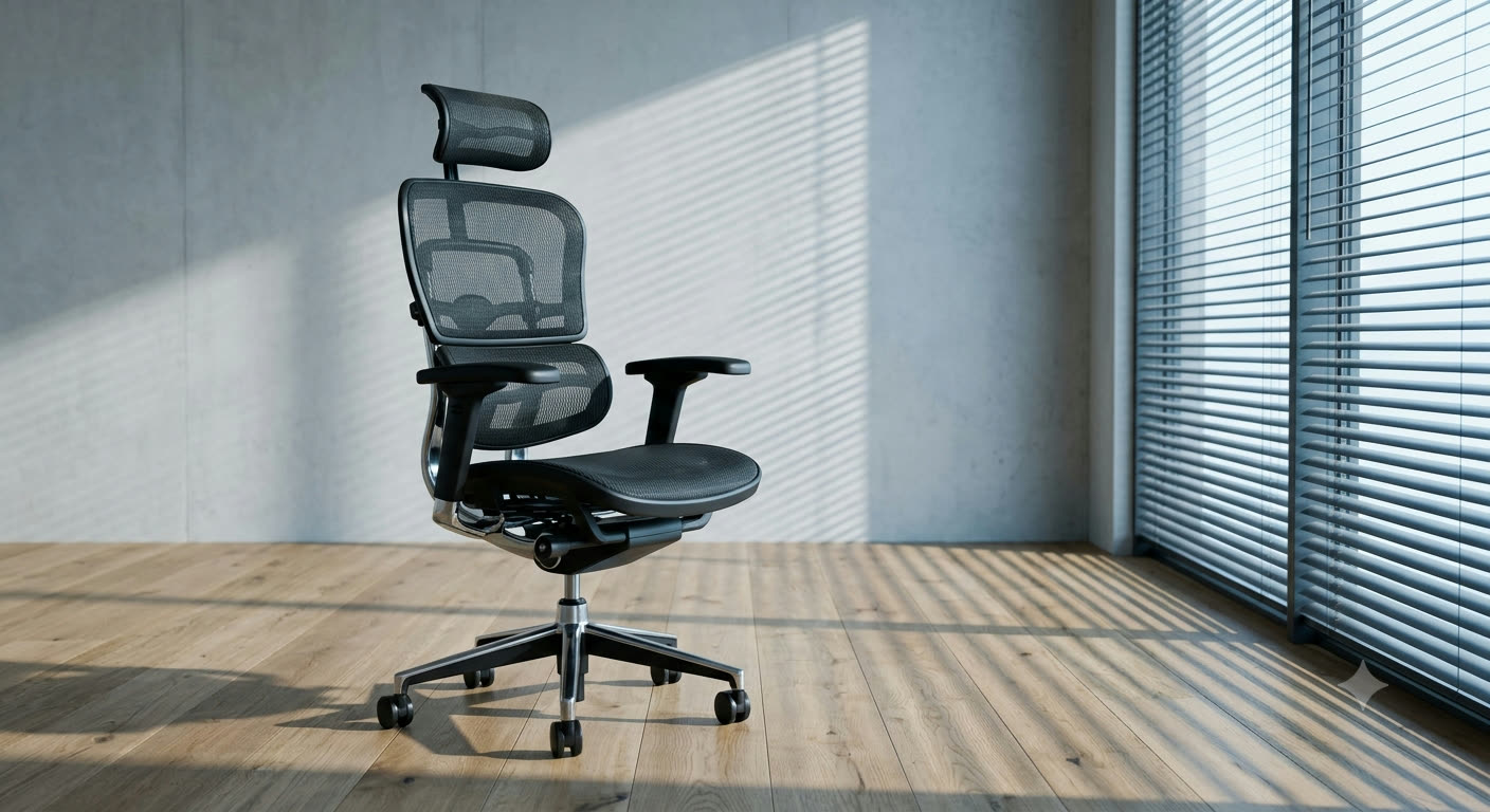 Mesh-back office chair in slatted window light