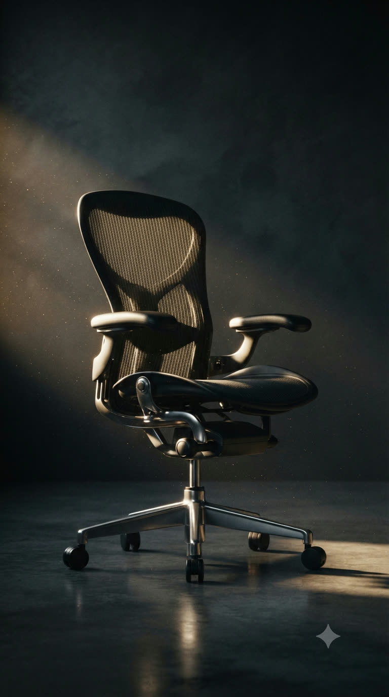 Tall-backed ergonomic office chair in side light
